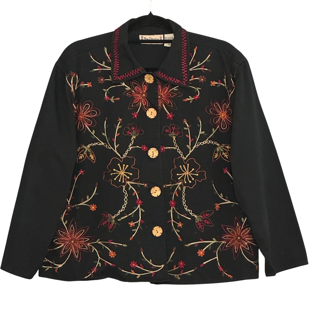 VTG ND Womens Jacket M Black Floral Embroidered Button Front Country‎ Western